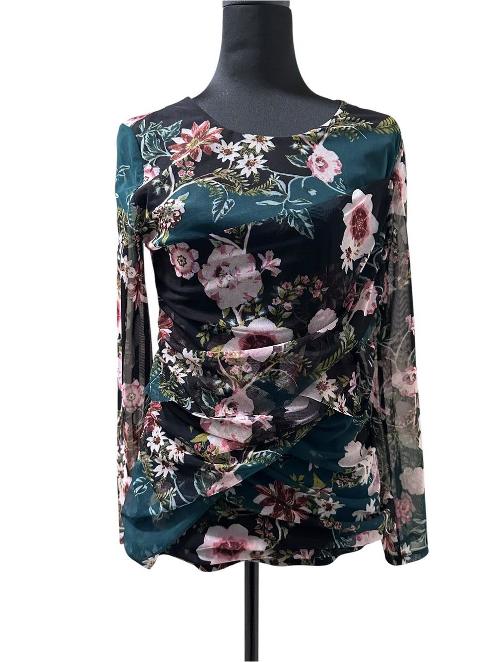 INC International Concepts Dark Teal & Pink Floral Ruched Long-Sleeve Top